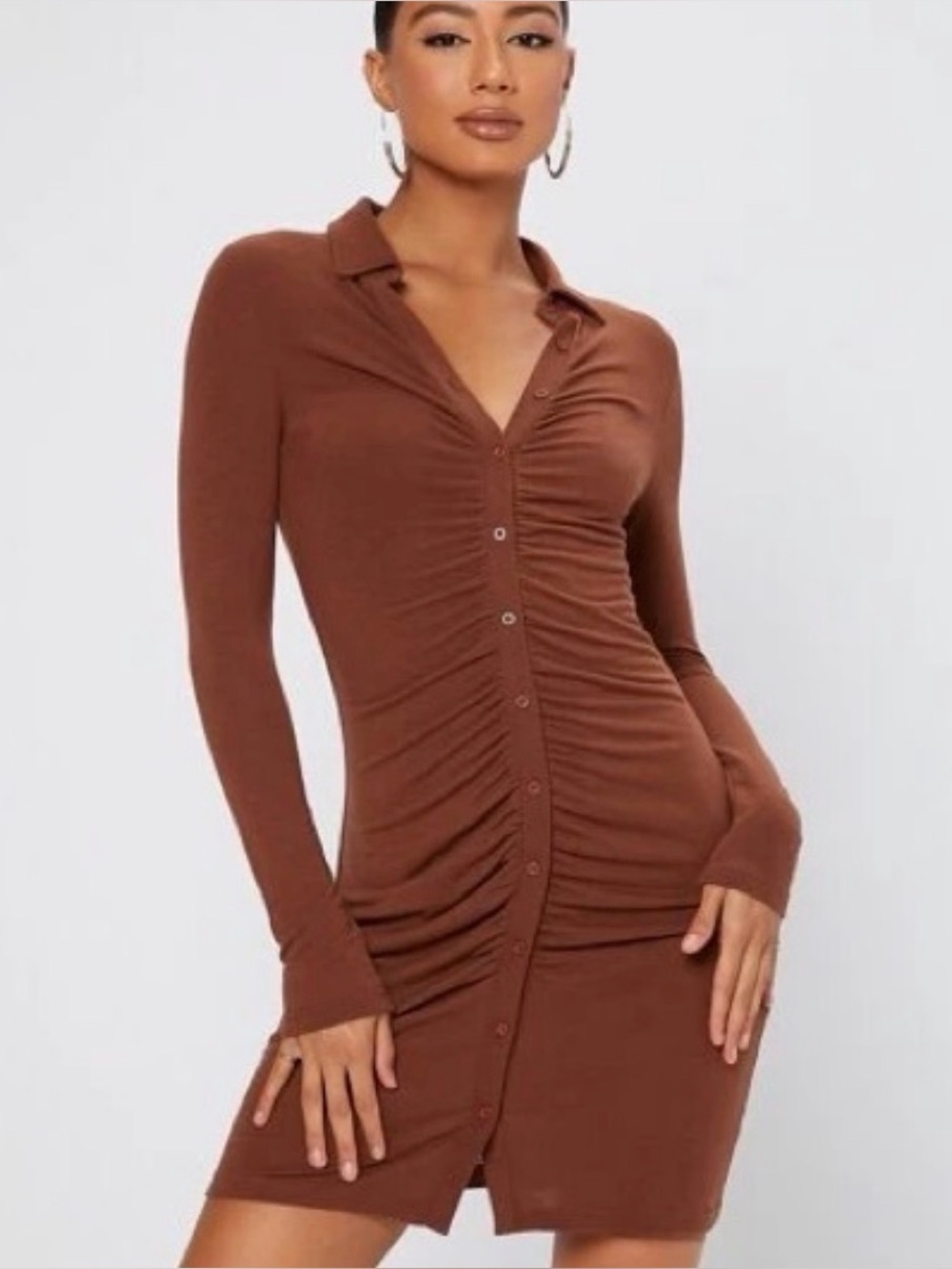 PrettyLittleThing Ruched Button-Front Long Sleeve Dress - Brown